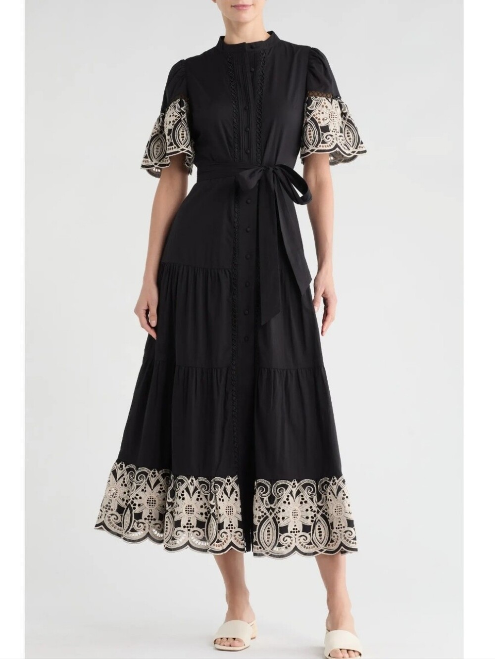 Love By Design Southampton Embroidered Maxi Dress Button Down Black Size S